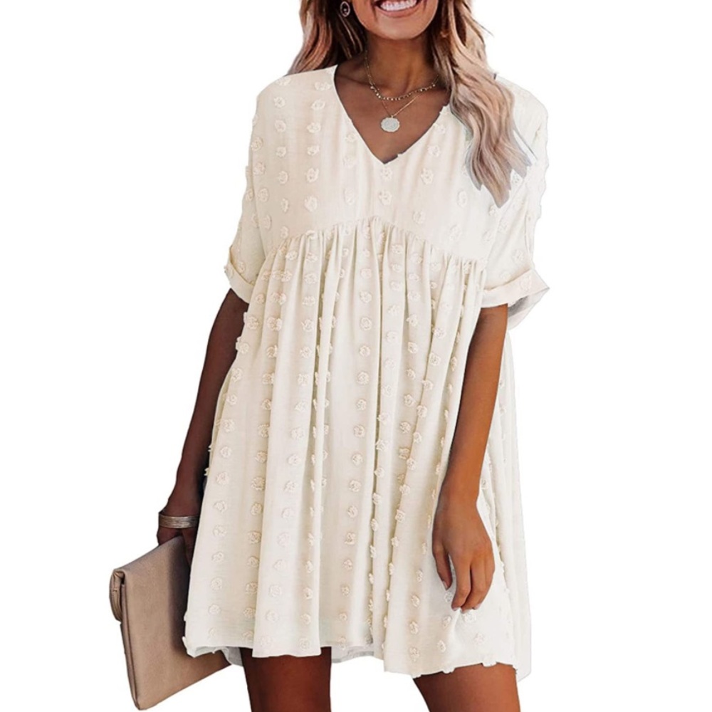 AMAZON short sleeve cream Swiss dot mini dress